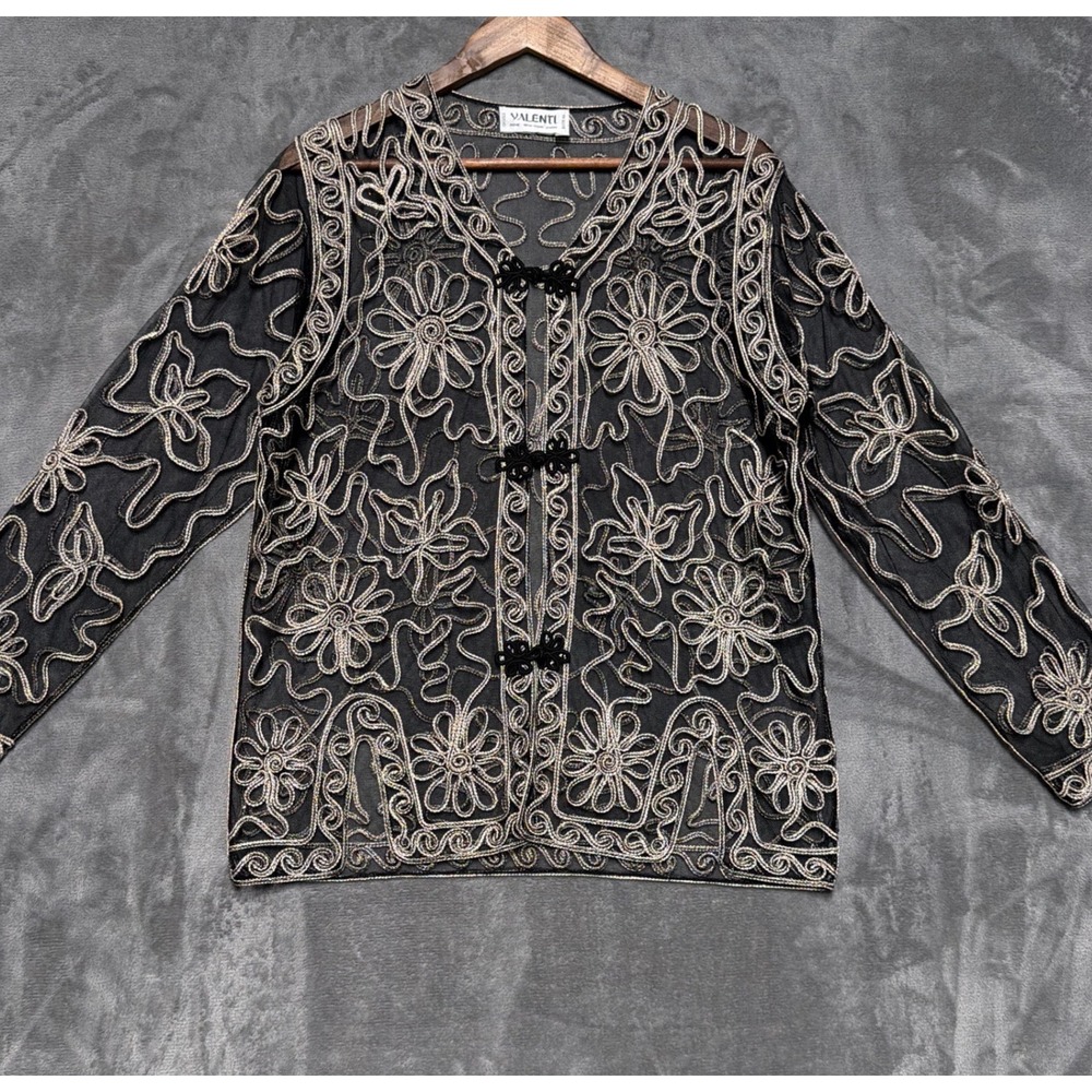 Vintage Valenti Embroidered Mesh Cardigan Womens Medium Black Gold Sheer Floral